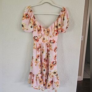 Pink Floral Puff Sleeve Dress